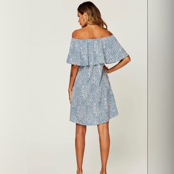 NWT Women's Leopard Print Bardot Frill Off Shoulder Mini Dress In Blue - Picture 4 of 5
